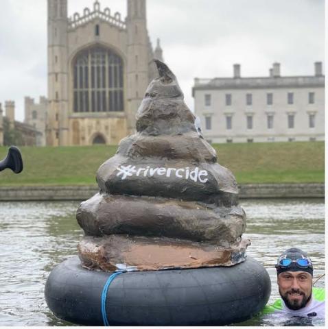 Sewage in the River Cam (papier mache poo and long distance swimmer-protester)